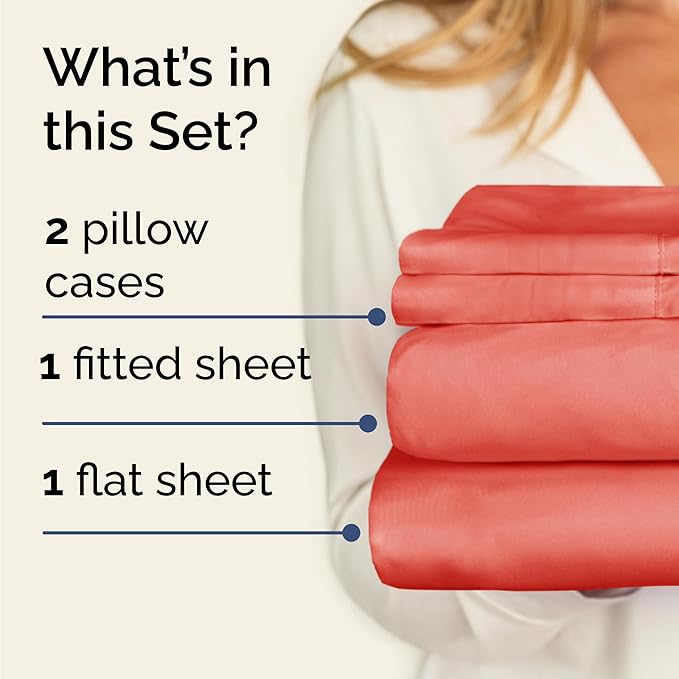 CGK Linens Twin 4 Piece Sheet Set - Cooling Sheets for Hot Sleepers - Hotel Luxury Bedding Set with 8-16 Inch Deep Pockets - 1 Flat & 1 Fitted & 2 Pillowcases - Soft, Easy Care & Wrinkle Free - Coral