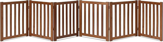 LZRS 6-Panel Extra-Wide Freestanding Wooden Dog Gate – 24”High Foldable Safety Pet Barrier for Doorways, Hallways, Kitchens, and Long Staircases, Durable Design fit Small to Medium Dogs, Oak