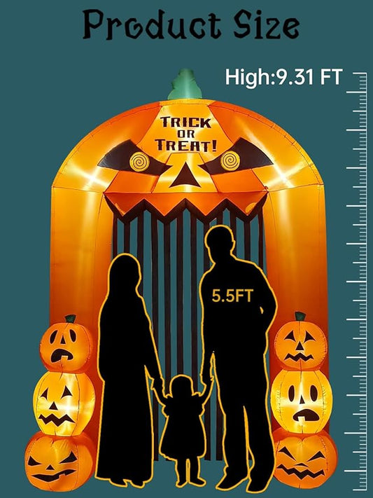 9.5 Feet Halloween Inflatable Pumpkin Arch Kalolary Pumpkin High Gate with LED Light, Halloween Blow up Outdoor Indoor Decorations Holiday Yard Lawn Inflatables Decor for Home Family Halloween Party