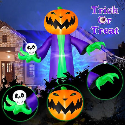 B&D 8FT Halloween Inflatables Outdoor Decorations, Inflatable Pumpkin Reaper Halloween Decorations Holds Skull Blow Up Yard Decoration Built-in Blue LED Disco Light for Holiday Party Garden Lawn Decor