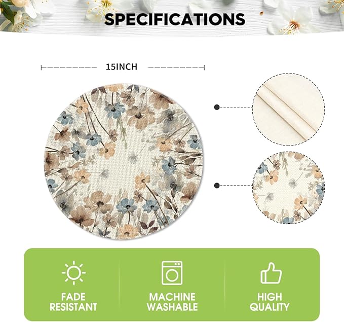 Artoid Mode Brown Poppy Floral Leaves Round Placemats Set of 4,15 Inch Seasonal Summer Table Mats for Party Kitchen Dining Decoration