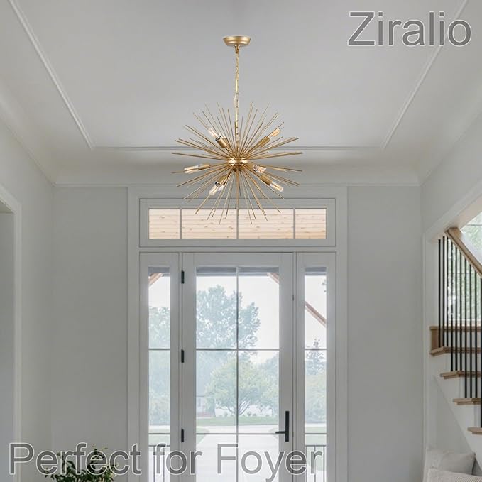 23.8" Modern Golden Sputnik Chandelier 9-Lights Starburst Chandelier Light Fixture Luxury Gold Solid Metal Sputnik Chandeliers for Dining Room, Kitchen, Bedroom, Living Room, Foyer, E12