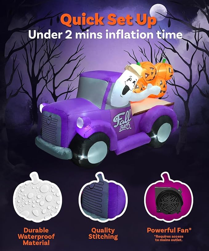 7.5FT Length Halloween Inflatable Hayride Truck with Ghost & 4 Halloween Pumpkins Decoration, Halloween Blow up Car Inflatable Built-in 10 LEDs for Halloween Inflatables Outdoor Decoration