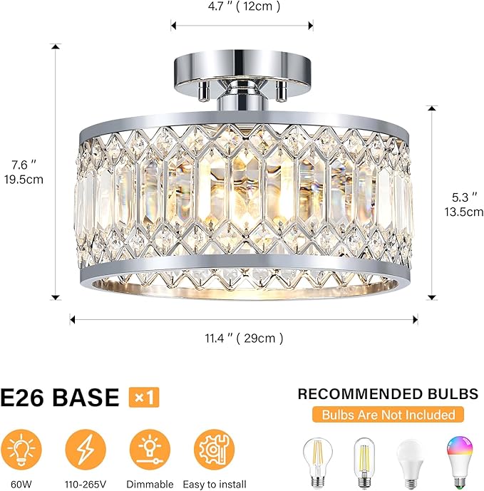 Crystal Ceiling Light Fixture, Modern Semi Flush Mount Ceiling Light, Chrome Lighting Fixtures Ceiling Lamp for Hallway, Kitchen, Entryway, Bedroom, Laundry Room, 1-Light, 11.4 Inch