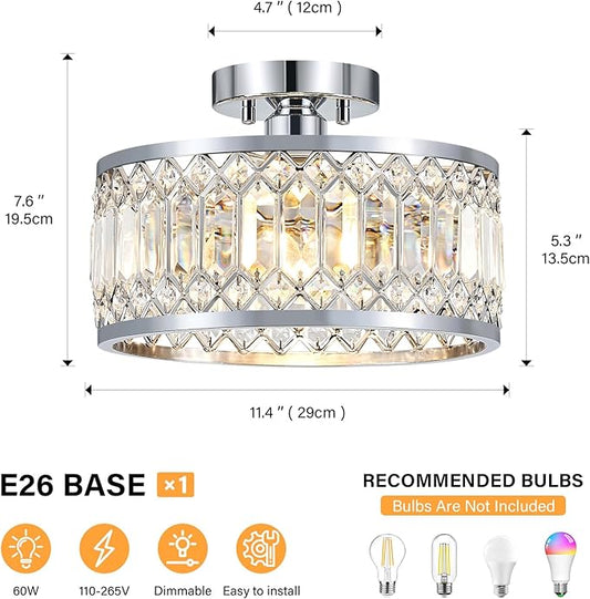 Crystal Ceiling Light Fixture, Modern Semi Flush Mount Ceiling Light, Chrome Lighting Fixtures Ceiling Lamp for Hallway, Kitchen, Entryway, Bedroom, Laundry Room, 1-Light, 11.4 Inch