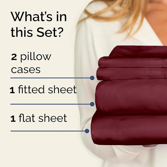 CGK Linens Twin 4 Piece Sheet Set - Cooling Sheets for Hot Sleepers - Hotel Luxury Bedding Set with 8-16 Inch Deep Pockets - 1 Flat & 1 Fitted & 2 Pillowcases - Soft, Comfy & Wrinkle Free - Burgundy