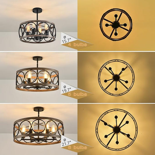 Light Fixtures Ceiling Mount,4-Lights Semi Flush Mount Ceiling Light Fixture,15.7" Black Dining Room Chandelier Rustic Drum Chandelier Pendant Light Fixture with Wood Grain Finish for Kitchen