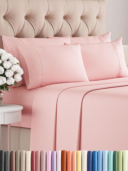 CGK Linens Full 6 Piece Sheet Set - Cooling Sheets for Hot Sleepers - Hotel Luxury Bedding Set w/ 8-16 Inch Deep Pockets - 1 Flat & 1 Fitted & 4 Pillowcases - Soft, Comfy & Wrinkle Free - Baby Pink