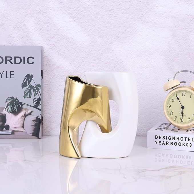 White and Gold Vase Set of 2, Nordic Modern Ins Style Vases, Boho Ceramic Vases for Centerpieces, Mid Century Abstract Donut Vase, Unique Funky Vase for Wedding, Decorative Pampas Grass Vase Decor