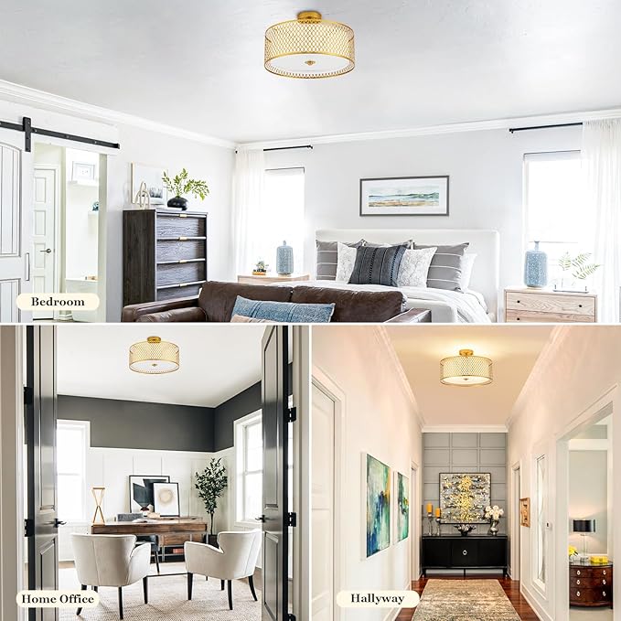 17" Semi Flush Mount Ceiling Light Fixture, 3-Light Gold Light Fixture, Close to Ceiling Light Fixture with White Fabric Lampshade and Gloden Iron Mesh Cage for Dining Room Living Room Bedroom