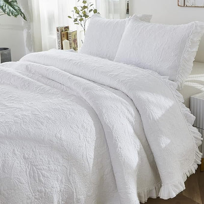 Brandream White Quilt Set Queen Size Cotton Shabby Chic Luxury Ruffle Bedspread Matelasse Coverlet Set 3-Piece