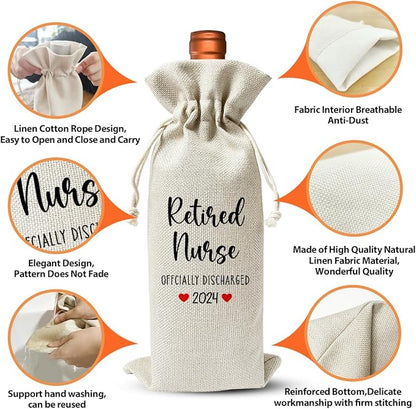 Retired Nurse Gift Wine Bag, Retired Nurse Officially Discharged 2024, Retirement Party Gift or Decoration, Nurse Day Nurse Week Gift For Coworker Mother, Reusable Linen Wine Bag