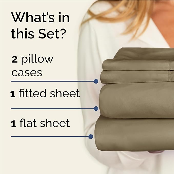 CGK Linens Twin XL 4 Piece Sheet Set - Cooling Sheets for Hot Sleepers - Hotel Luxury Bedding Set with 8-16 Inch Deep Pockets - 1 Flat & 1 Fitted & 2 Pillowcases - Soft, Comfy & Wrinkle Free - Khaki