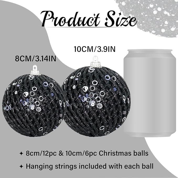 3.15" Christmas Ball Ornaments Glitter Shatterproof Christmas Tree Ornaments Sequin Xmas Hanging Balls Decorations for Wedding Party Holiday(Black)