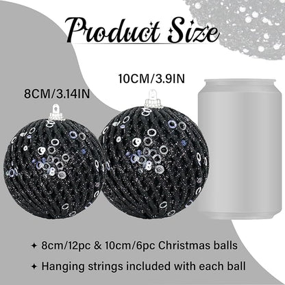3.15" Christmas Ball Ornaments Glitter Shatterproof Christmas Tree Ornaments Sequin Xmas Hanging Balls Decorations for Wedding Party Holiday(Black)