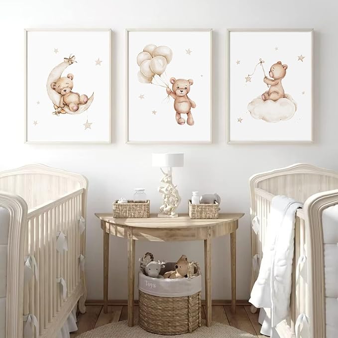 Bear Nursery Wall Art Decor Set of 3 Teddy Bear Canvas Wall Art Baby Boy Nursery Decor Prints Neutral Pictures Moon Star Cloud Print for Girls Children Room 16x24 Inch Unframed