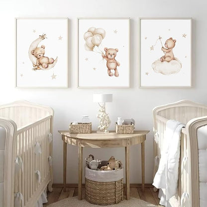 Bear Nursery Wall Art Decor Set of 3 Teddy Bear Canvas Wall Art Baby Boy Nursery Decor Prints Neutral Pictures Moon Star Cloud Print for Girls Children Room 16x24 Inch Unframed