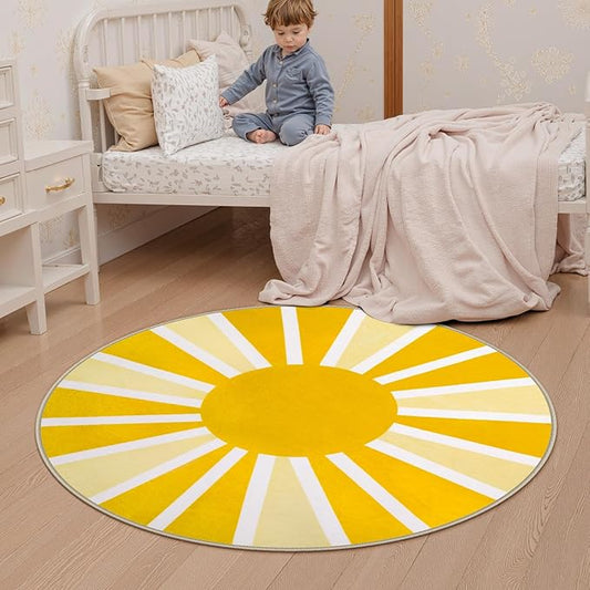Lahome 4Ft Round Rugs - Washable Non-Slip Small Round Area Rug Throw Soft Cute Round Nursery Rug Low Pile Bathroom Rug, Boho Rainbow Sun Print Circle Rug for Bedroom Dorm Kids Room (4'x4', Yellow)