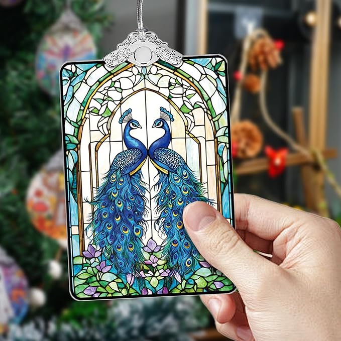 Peacock Stained Glass 2025 Christmas Ornament, Elegant Bird Hanging Decoration for Christmas Tree, Gift Exchange or Stocking Stuffer, 3.8 x 2.4 Inch