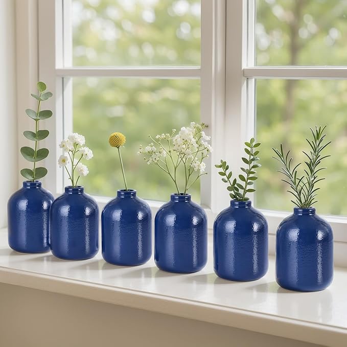 Ceramic Blue Small Vase for Decor, 6 Pack Nordic Minimalist Blue Ceramic Vases for Table Decor, Small Bud Vases for Home Decor, Modern Decorative Vases for Kitchen Living Room Centerpieces