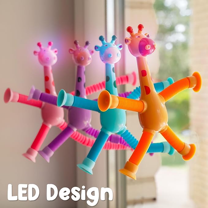 Boxgear 4 Pieces LED Telescopic Suction Cup Giraffe Toy, Shape Changing Telescopic Tube Fidget Toys, Pop Tubes, Fidget Tubes Sensory Toys for Girls Boys (Giraffe)