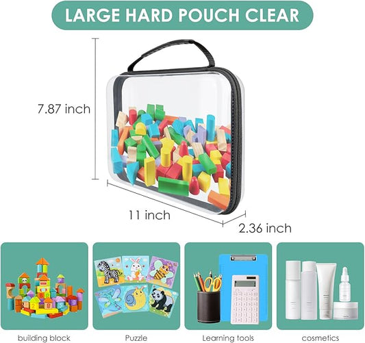 Clear Hard Zipper Pouch, Bliss Zippered Storage Bins, Waterproof PVC Shell Travelling Bags, Storage for Board Games, Building Blocks, Puzzles, Kids Books with Handle, Plastic Organizing, 6Pc