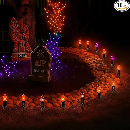 Halloween Pathway Lights Outdoor,10 Pack Halloween Party Decor Stake Lights with C9 Clear Black&Orange Bulbs,19.5Ft Extendable Waterproof Walkway Lights for Yard Porch Lawn Garden