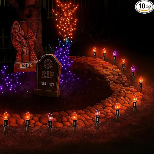Halloween Pathway Lights Outdoor,10 Pack Halloween Party Decor Stake Lights with C9 Clear Black&Orange Bulbs,19.5Ft Extendable Waterproof Walkway Lights for Yard Porch Lawn Garden