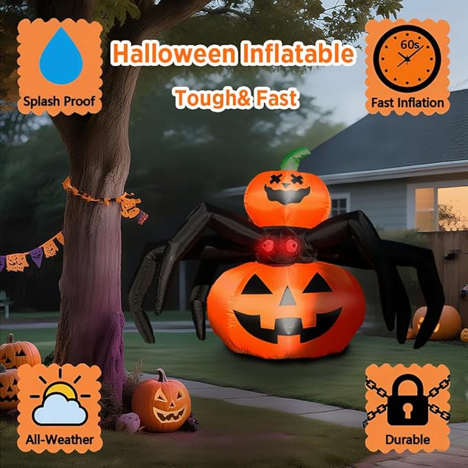 GARIG 6FT Halloween Inflatables Outdoor Decorations Pumpkin Spider Build-in LEDs Lights Blow Up Yard Decorations for Garden Lawn Indoor Party Holiday Decor