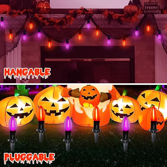 Halloween Pathway Lights, 10 Pack C9 LED Stake Lights with Purple & Orange Bulbs, 19.5ft Extendable Outdoor Walkway Lights for Garden, Yard, Driveway, Porch & Sidewalk Halloween Decorations