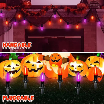 Halloween Pathway Lights, 10 Pack C9 LED Stake Lights with Purple & Orange Bulbs, 19.5ft Extendable Outdoor Walkway Lights for Garden, Yard, Driveway, Porch & Sidewalk Halloween Decorations