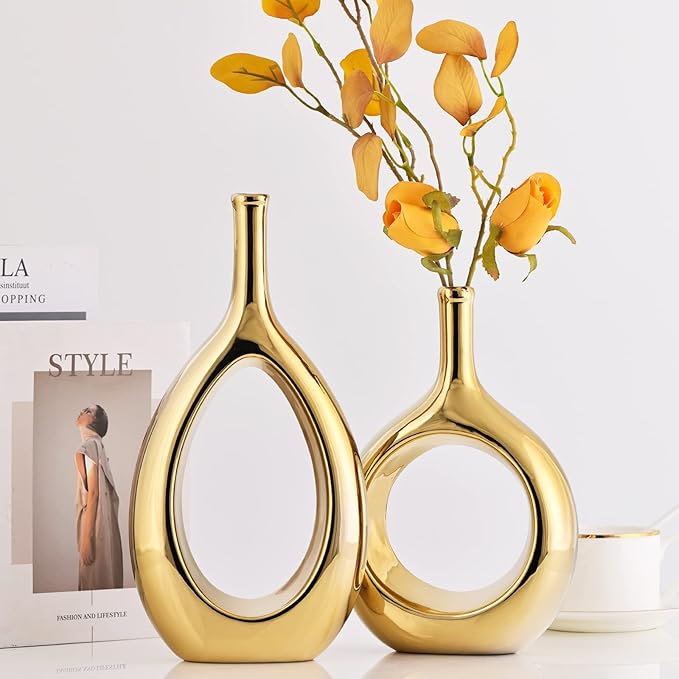 Glossy Gold Ceramic Vase Set 2,Modern Hollow Circle with Hole Flower Vase for Home Decor,for Table Centerpieces,Farmhouse,Fire Place,Living Room,Bedroom,Office,Bookshelf,Rustic Decor
