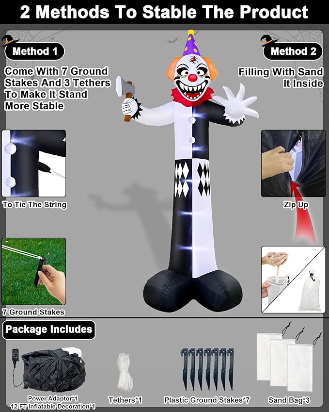 TURNMEON 12 Ft Giant Halloween Inflatables Decorations Outdoor Scary Clown Hold Axe Blow Up Build-in LED Lights Inflatable Halloween Outdoor Yard Decors for Garden Lawn Home Holiday Party Outside