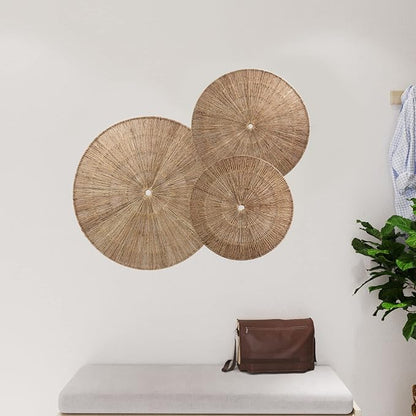 PEMAR 31.5" D Oversized Wicker Wall Hanging Jute Basket Set of 3 Round Handwoven Southwestern Decorative Wall Accents. Room Decor Baskets for Boho, Scandinavian, Farmhouse Wall Decor (Natural)