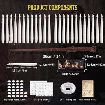Floating Candles with Wand, 24PCS Hanging Candles with Remote Wand, Warmwhite Flickering Flameless Magic Floating Candle Lights for Halloween Christmas Decorations