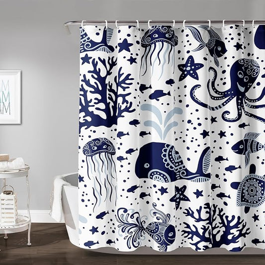 AILONEN Cartoon Dolphin Shower Curtain for Kids 48" W*72" H Inch,Blue Whales Octopuses Turtles Pattern Shower Curtain,Ocean Life Theme 12 Pack Hooks Polyester Waterproof Fabric Decor for Bathroom