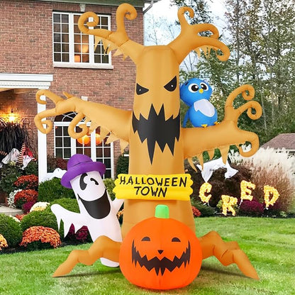 GOOSH 8 FT Halloween Inflatables Dead Tree Outdoor Decorations with Owl Ghosts and Pumpkins, Blow Up Yard Decorations with Built-in LED Lights for Outdoor Party Garden Lawn Decor