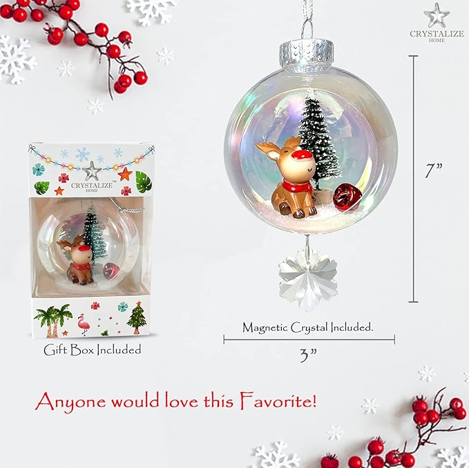 Rudolph Christmas Ornament - Handmade Shatterproof Decorations for Indoor Outdoor Xmas Tree - Clear Ball Ornaments with Magnetic Crystal - Great Gift or Stocking Stuffer for Mom, Sister, Friend