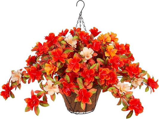 Fall Flowers with Hanging Basket Artificial for Decoration, Fake Silk Rhododendron Flowers for Outdoors, UV Resistant No Fade Floral for Home Garden Balcony Porch Patio Wedding Party Decor