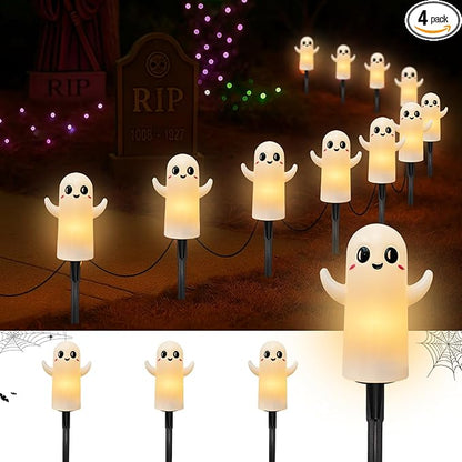 Halloween Ghosts Pathway Lights,4 Pack Ghosts Stake Lights with C7 Clear Bulbs,7Ft Extendable Waterproof Walkway Lights Halloween Decor for Yard Porch Lawn Pathway Garden