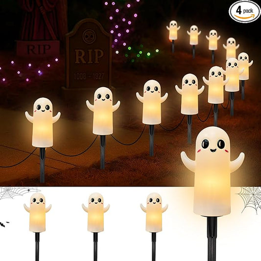 Halloween Ghosts Pathway Lights,4 Pack Ghosts Stake Lights with C7 Clear Bulbs,7Ft Extendable Waterproof Walkway Lights Halloween Decor for Yard Porch Lawn Pathway Garden