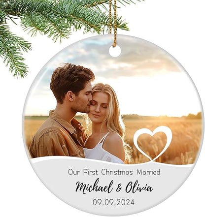 Our First Christmas Married Ornament, Personalized Photo Christmas Ornament 2025 for Newlyweds, Couple Just Married Ornament, Customized Wedding Gifts for Couples Him Her