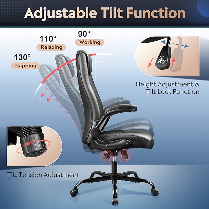 DEVAISE Executive Chair Computer Office Chair, High Back Ergonomic Desk Chair with Adjustable Flip-up Armrests, Lumbar Support and Thick Headrest, Black