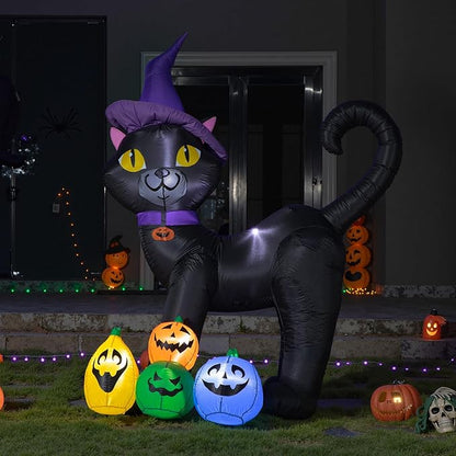 6FT Halloween Inflatable Black Cat with Witch Hat and 4 Colorful Pumpkins, Cute Blow Up Yard Decoration with LED Lights for Lawn, Garden, Balcony, Outdoor Holiday Party Events