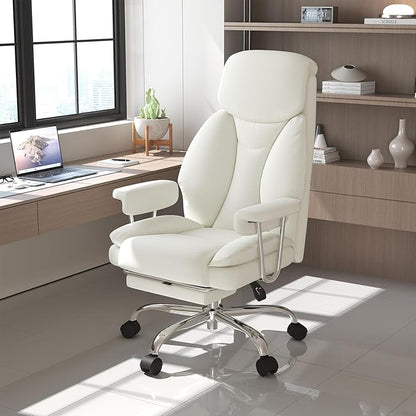 Big and Tall Office Chair, Ergonomic Leather High Back Executive Computer Desk Chair with Retractable Footrest and Padded Arms, 360°Swivel Free, 90-135°Reclining, 500lbs Wide Seat, White