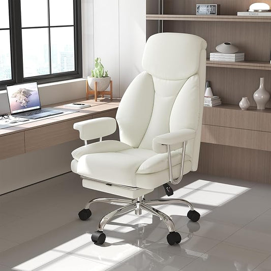 Big and Tall Office Chair, Ergonomic Leather High Back Executive Computer Desk Chair with Retractable Footrest and Padded Arms, 360°Swivel Free, 90-135°Reclining, 500lbs Wide Seat, White
