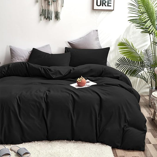 Wellboo Black Comforter King Size Solid Color Bedding Set Soft 3 Pieces Dark Black Quilt Comforters Lightweight All Seasons Minimalist Design Bedding for Women Men Vintage Bedding
