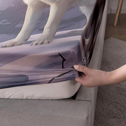 AILONEN Snow Wolf Fitted Sheet Set Queen Size, Winter Sunset Wildlife Wolf Bed Sheet Set for Boys Girls Adults,Safari Wolves Print Fitted Sheet with 2 Pillowcases,3 Pieces