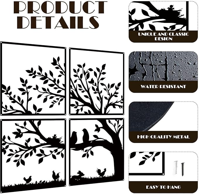 ruelen Wall Decor 4 Pieces Metal Birds and Branch Wall Art, Tree of Life Metal Wall Art, Black Leaves with Birds Silhouette Hanging Wall Sculpture For Indoor Home Bedroom Living Room Office Outdoor