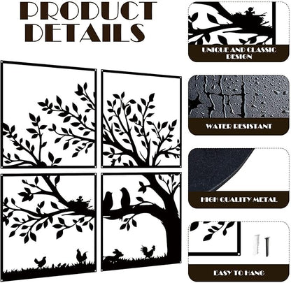 ruelen Wall Decor 4 Pieces Metal Birds and Branch Wall Art, Tree of Life Metal Wall Art, Black Leaves with Birds Silhouette Hanging Wall Sculpture For Indoor Home Bedroom Living Room Office Outdoor
